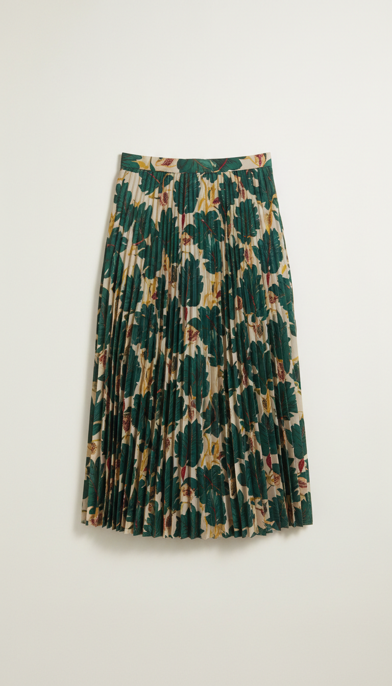 Emerald Leaf Motif Pleated Midi Skirt