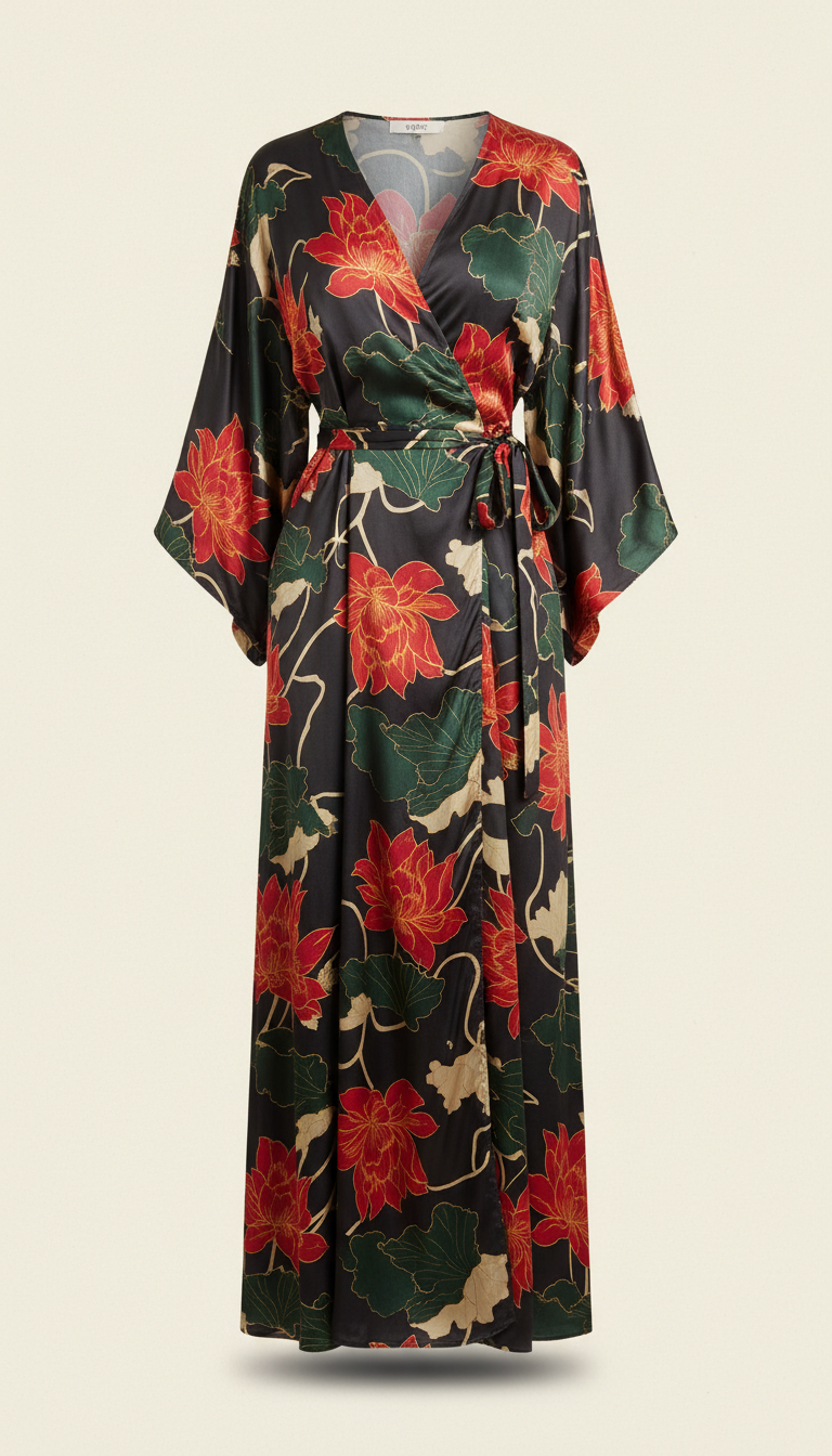 Crimson Lotus Silk Wrap Dress